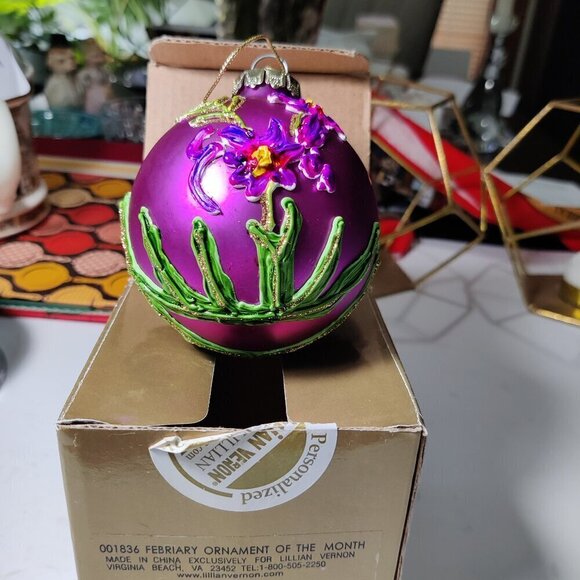 Lilian Vernon February Ornament in Lavender Lustre Paint, hand decorated floral - Picture 4 of 6